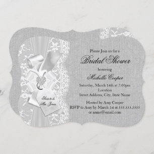 Pretty Gray Vintage Lace & Burlap Bridal Shower Invitation
