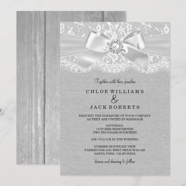 Pretty Gray Vintage Lace & Burlap Wedding Invite (Front/Back)