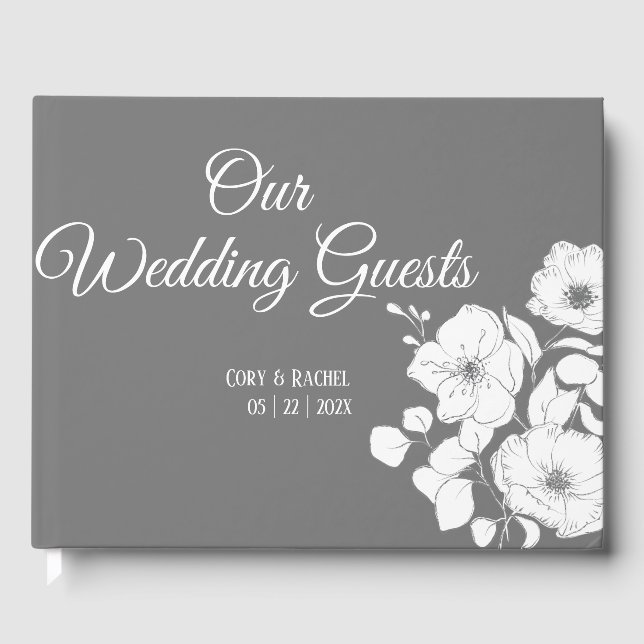 Pretty Gray with White Floral Wedding Guestbook (Front)