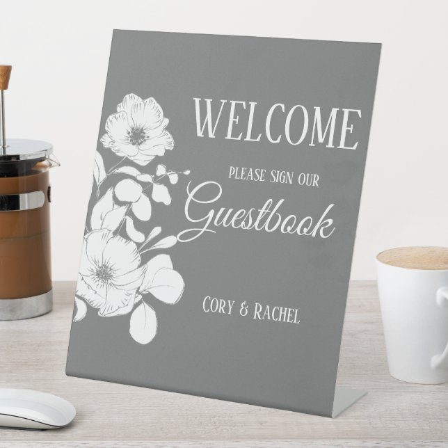Pretty Gray with White Floral Wedding Guestbook  Pedestal Sign (In SItu)