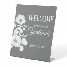Pretty Gray with White Floral Wedding Guestbook
