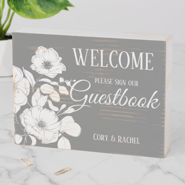 Pretty Gray with White Floral Wedding Guestbook  Wooden Box Sign (In Situ Horizontal)