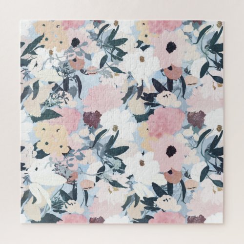 Pretty Grayish Blue Watercolor Pink  White Floral Jigsaw Puzzle