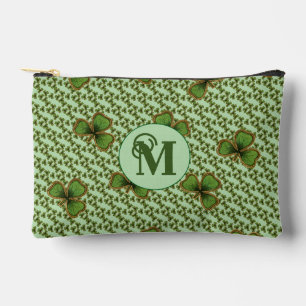 Pretty Green and Gold Irish Shamrocks Monogram Accessory Pouch