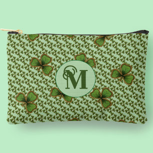 Pretty Green and Gold Irish Shamrocks Monogram Accessory Pouch
