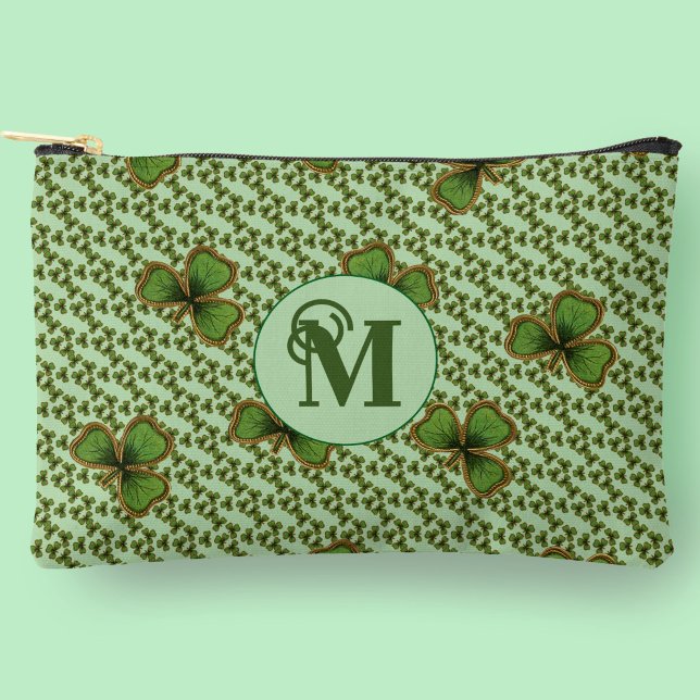 Pretty Green and Gold Irish Shamrocks Monogram Accessory Pouch (Creator Uploaded)