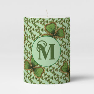 Pretty Green and Gold Irish Shamrocks Monogram Pillar Candle