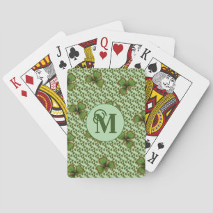 Pretty Green and Gold Irish Shamrocks Monogram Poker Cards