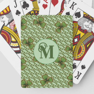 Pretty Green and Gold Irish Shamrocks Monogram Poker Cards