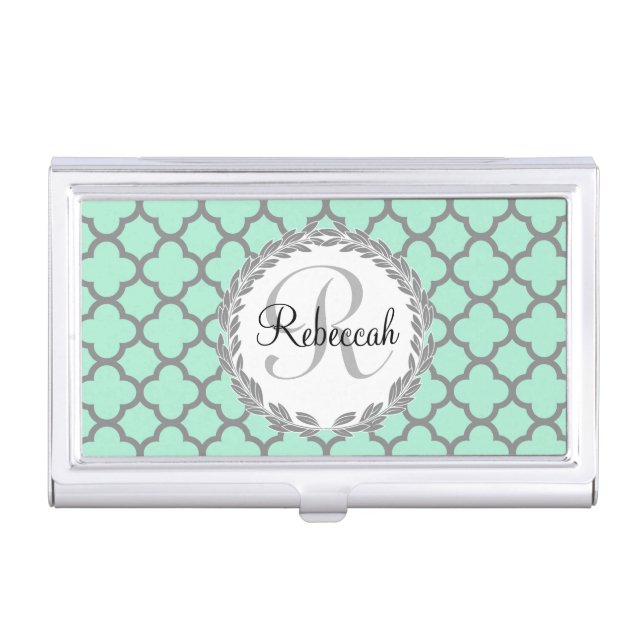Pretty Green and Gray Quatrefoil Monogram Laurel Business Card Case (Front)