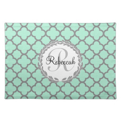 Pretty Green and Gray Quatrefoil Monogram Laurel Cloth Placemat