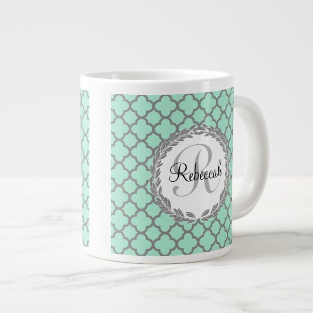 Pretty Green and Gray Quatrefoil Monogram Laurel Giant Coffee Mug (Front Right)
