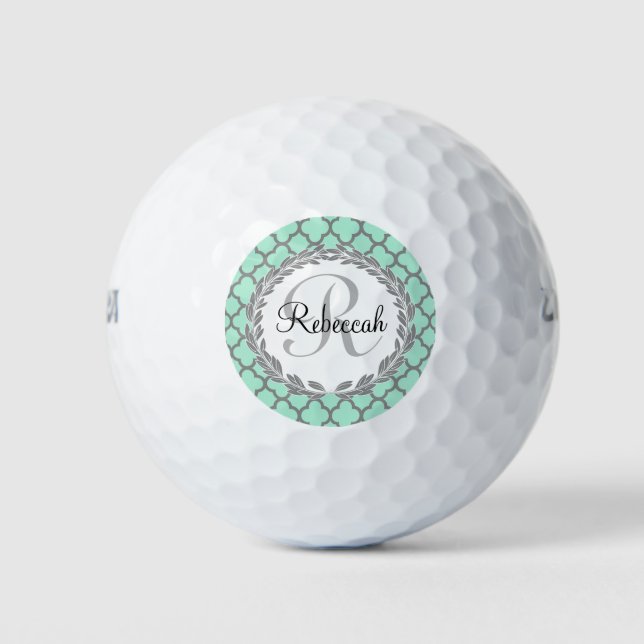 Pretty Green and Gray Quatrefoil Monogram Laurel Golf Balls (Front)