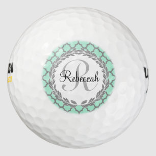 Pretty Green and Gray Quatrefoil Monogram Laurel Golf Balls