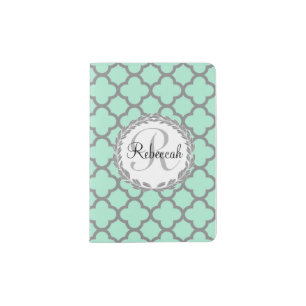 Pretty Green and Gray Quatrefoil Monogram Laurel Passport Holder
