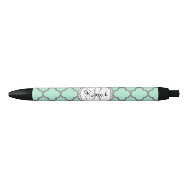 Pretty Green and Gray Quatrefoil Monogram Laurel Pen (Front)
