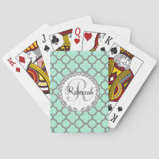 Pretty Green and Gray Quatrefoil Monogram Laurel Poker Cards