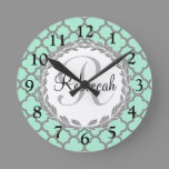 Pretty Green and Gray Quatrefoil Monogram Laurel Round Clock