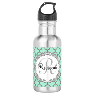 Pretty Green and Gray Quatrefoil Monogram Laurel Water Bottle