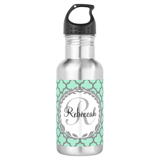 Pretty Green and Gray Quatrefoil Monogram Laurel Water Bottle (Front)