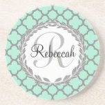 Pretty Green and Gray Quatrefoil Monogram Name Coaster