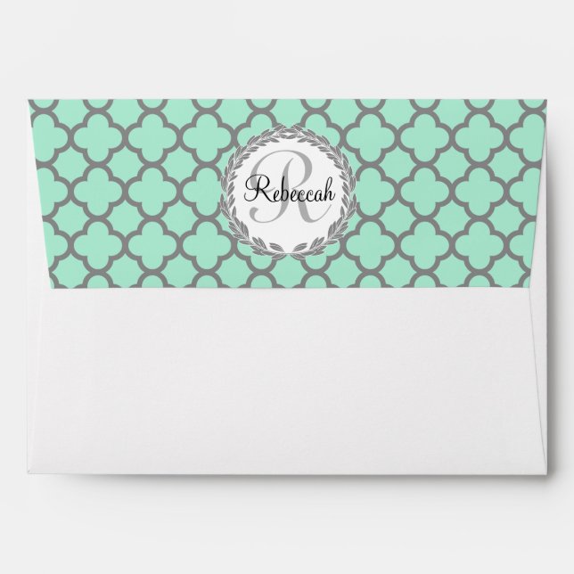 Pretty Green and Gray Quatrefoil Monogram Name Envelope (Back (Top Flap))
