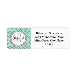 Pretty Green and Gray Quatrefoil Monogram Name Label
