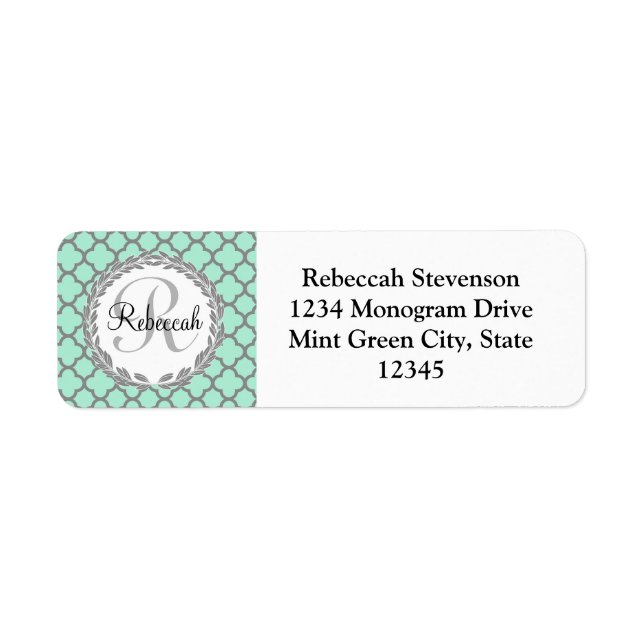 Pretty Green and Gray Quatrefoil Monogram Name Label (Front)