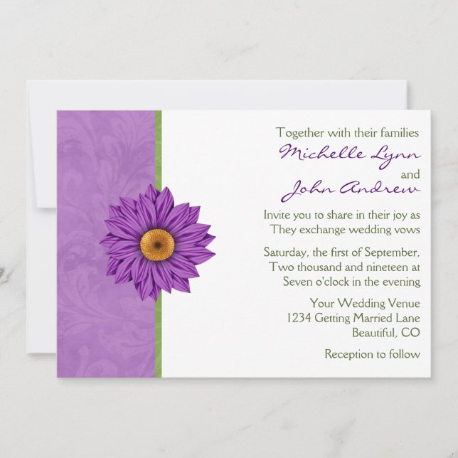 Pretty Green and Purple Flower Wedding Invitation (Front)