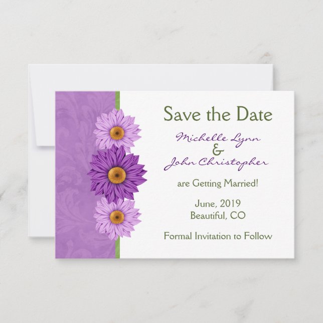 Pretty Green and Purple Flowers Wedding Save The Date (Front)