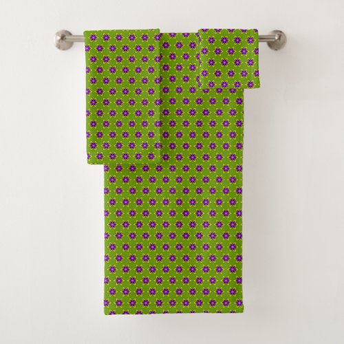 Pretty Green and Purple Folk Art Flower Pattern Bath Towel Set