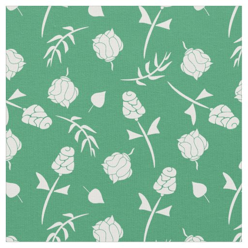 Pretty Green and White Roses Rosebud Floral Print Fabric