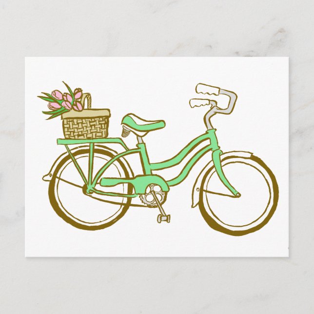 Pretty Green Bicycle with Tulips Postcard (Front)