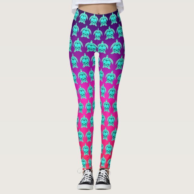 Pretty green blue turquoise teal turtles pattern leggings (Front)
