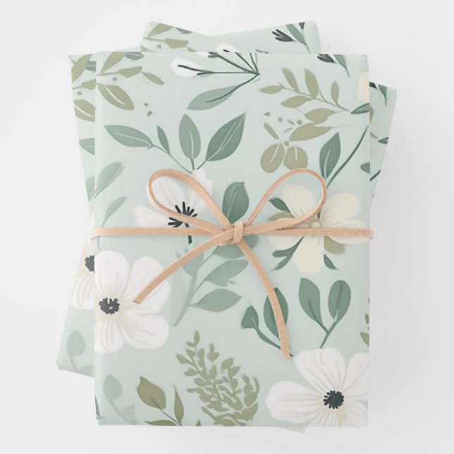 Pretty Green Botanical Floral Pattern Wrapping Paper Sheets (In situ)