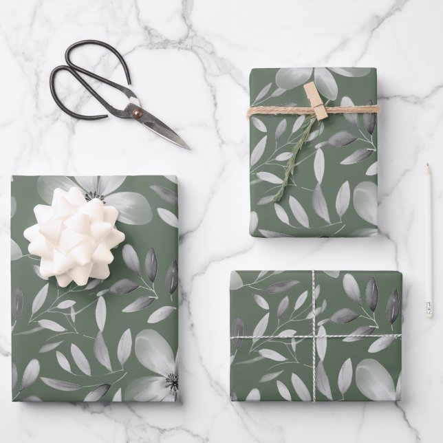 Pretty Green Botanical Floral Pattern Wrapping Paper Sheets (Front)