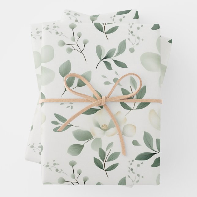 Pretty Green Botanical Floral Pattern Wrapping Paper Sheets (In situ)