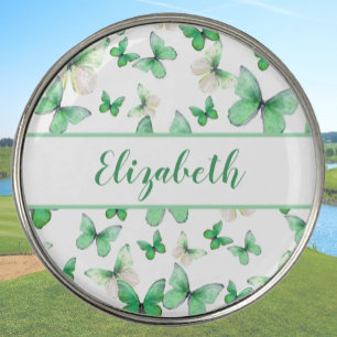 Pretty green butterfly with custom name womens golf ball marker
