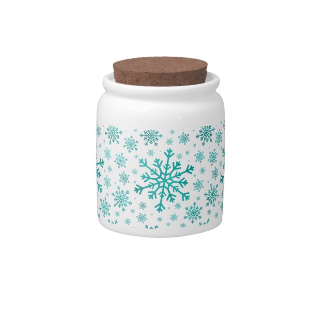 Pretty Green Christmas Snowflakes on Winter White Candy Jar (Front)