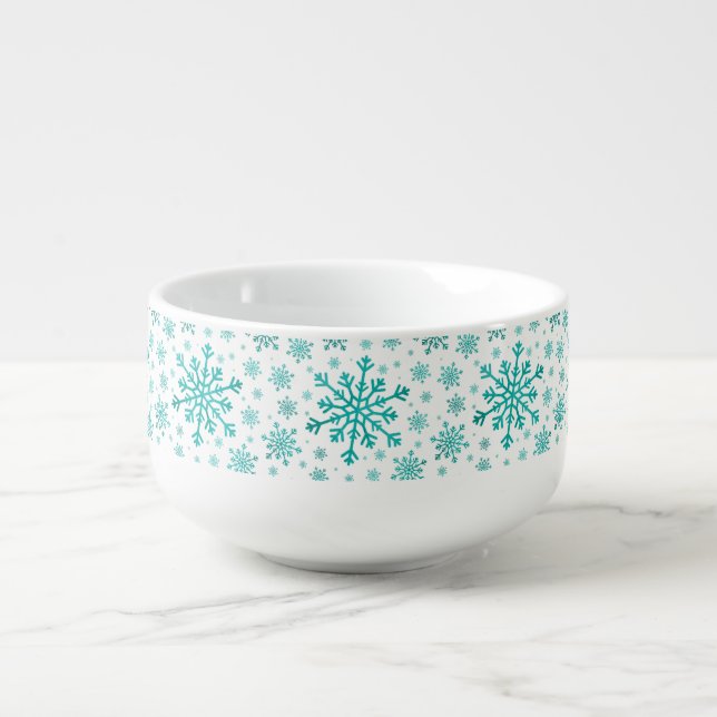 Pretty Green Christmas Snowflakes on Winter White Soup Mug (Front)