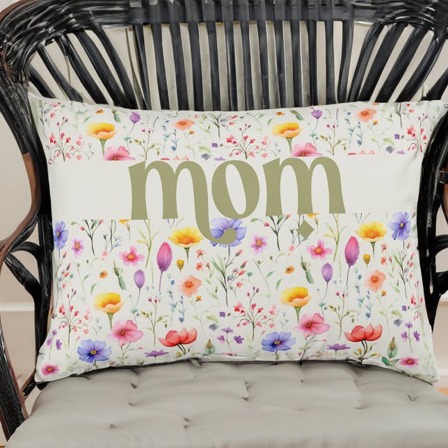 Pretty Green Colorful Wildflower Pattern Mom Accent Pillow (Mom accent pillow from my Mother's Day Wildflower Collection)