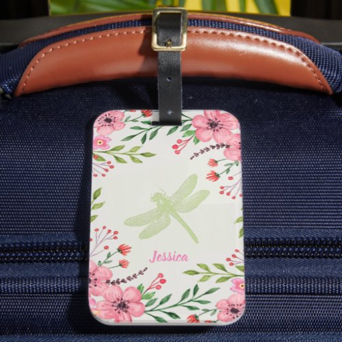 Pretty Green Dragonfly Pink Flowers Luggage Tag