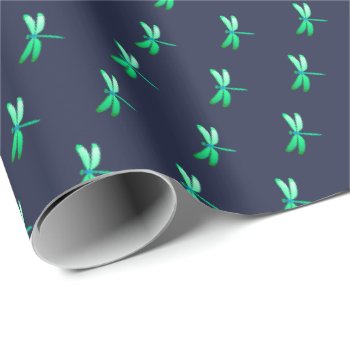 Pretty Green Firefly Pattern On Dark Blue Wrapping Paper by LouiseBDesigns at Zazzle