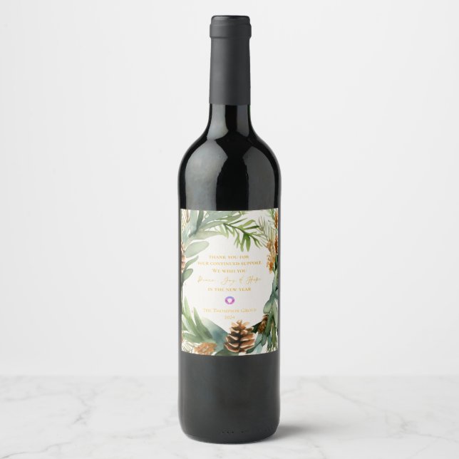 Pretty Green Foliage Christmas Corporate Gift Wine Label (Front)