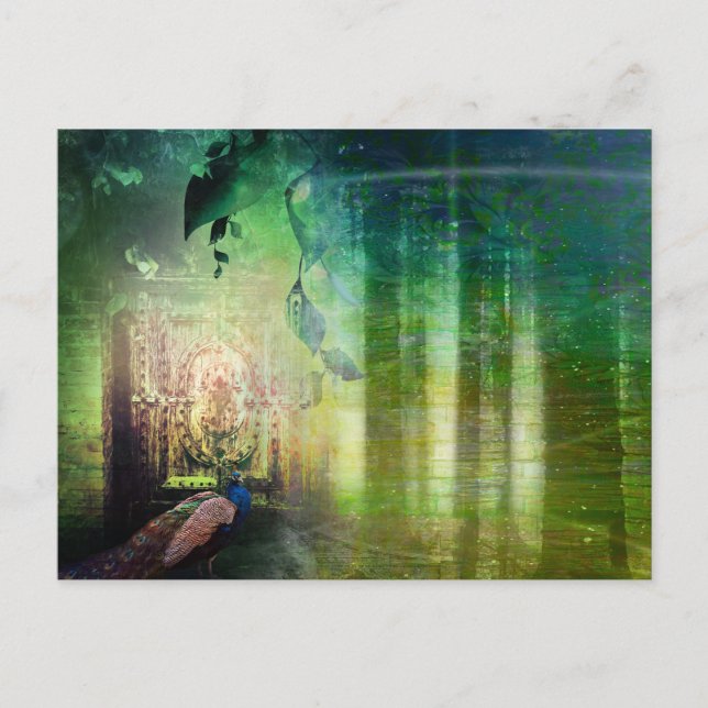 Pretty Green Gates of Paradise Peacock Forest Postcard (Front)
