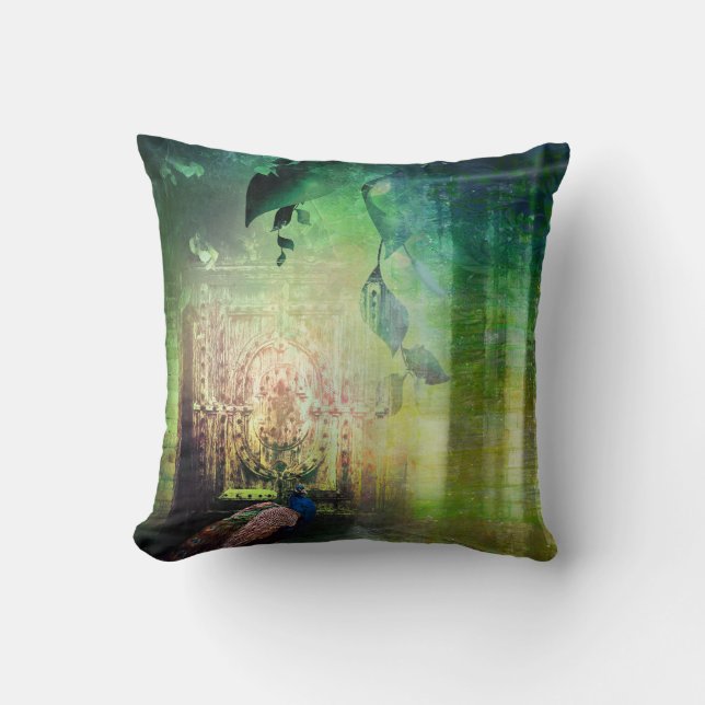 Pretty Green Gates of Paradise Peacock Forest Throw Pillow (Front)