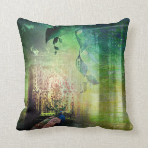 Pretty Green Gates of Paradise Peacock Forest Throw Pillow