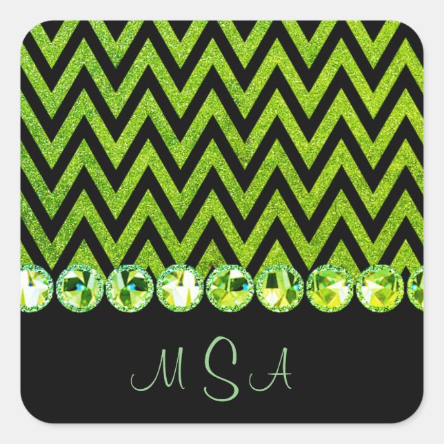 Pretty Green Glitter Bling Glam Chevron Monogram Square Sticker (Front)