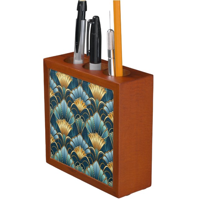 PRETTY GREEN & GOLD ART DECO PATTERNS DESK ORGANIZER (In Situ)