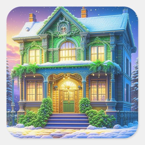 Pretty Green Holiday Christmas House  Square Sticker